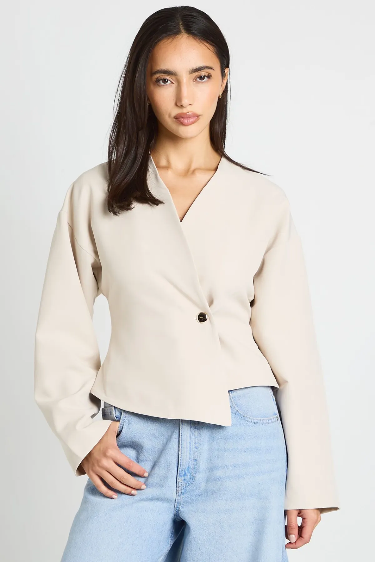 boohoo Haut Cache-cœur À Manches Longues Avec Bouton Doré<Femme Tops