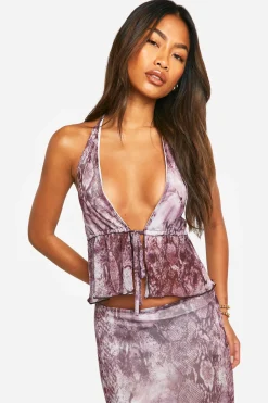 Haut-cami en maille à imprimé synthétique avec nouage sur le devant et volants