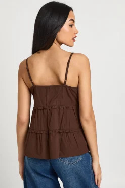 boohoo Haut Caraco En Popeline À Col V Et Détails Froncés<Femme Looks Chocolat|Tops