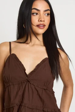 boohoo Haut Caraco En Popeline À Col V Et Détails Froncés<Femme Looks Chocolat|Tops
