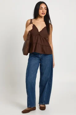 boohoo Haut Caraco En Popeline À Col V Et Détails Froncés<Femme Looks Chocolat|Tops