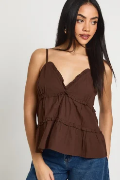 boohoo Haut Caraco En Popeline À Col V Et Détails Froncés<Femme Looks Chocolat|Tops