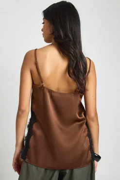 boohoo Haut Caraco en Satin avec Fentes Latérales en Dentelle<Femme Looks Chocolat|Satin Et Dentelle
