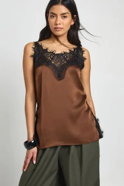 boohoo Haut Caraco en Satin avec Fentes Latérales en Dentelle<Femme Looks Chocolat|Satin Et Dentelle