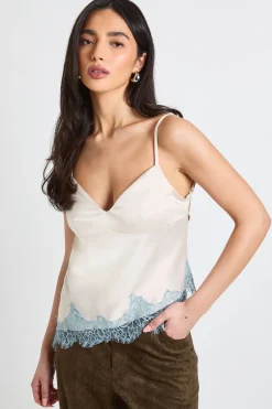 Haut Caraco En Satin À Dos Noué Avec Dentelle Contrastante