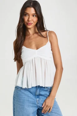 boohoo Haut Caraco Péplum En Mesh Avec Bordure En Dentelle<Femme Satin Et Dentelle|Tops