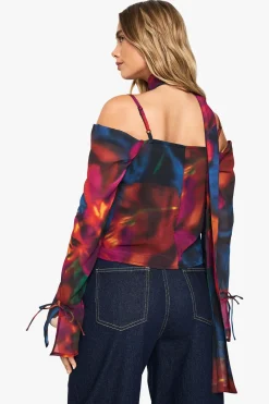Haut-écharpe en chiffon à imprimé floral abstrait et col cache-cœur