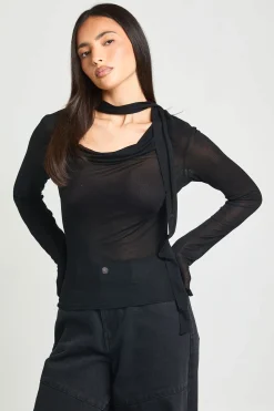 boohoo Haut Col Bénitier En Maille Transparente Avec Lien Noué<Femme Tops