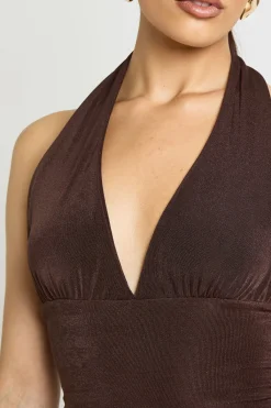 boohoo Haut Col Halter en Acétate Soyeux<Femme Looks Chocolat|Tops