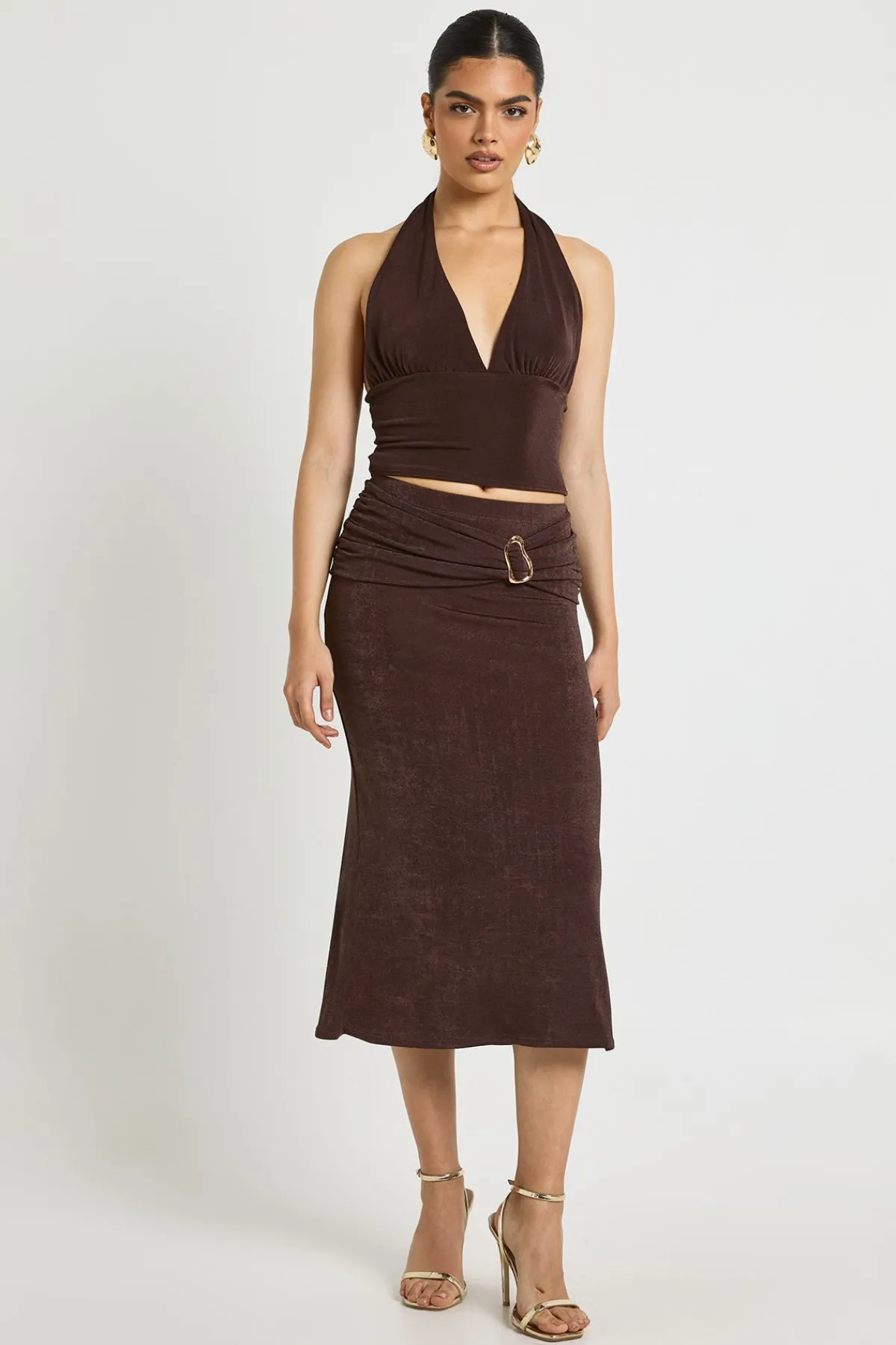 boohoo Haut Col Halter en Acétate Soyeux<Femme Looks Chocolat|Tops