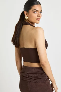 boohoo Haut Col Halter en Acétate Soyeux<Femme Looks Chocolat|Tops