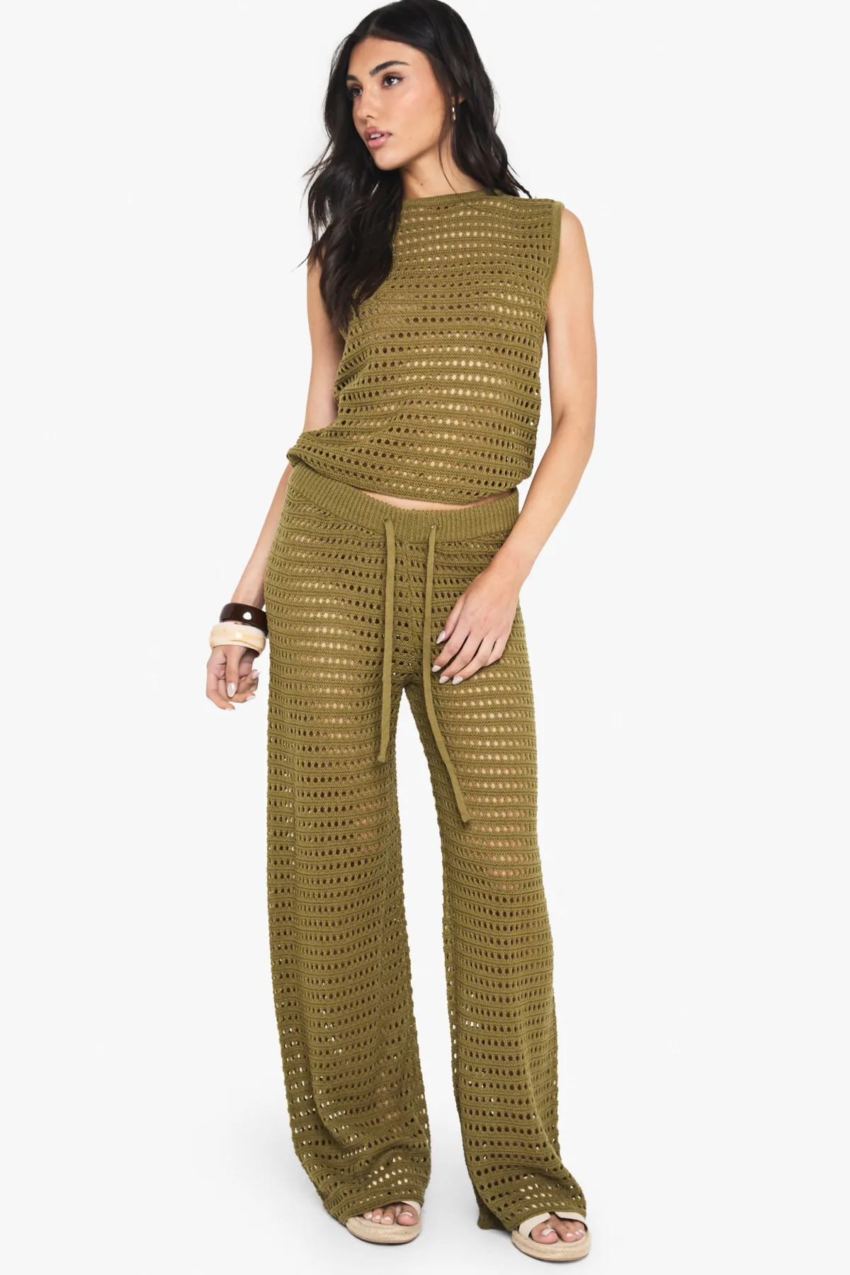 boohoo Haut à col montant en crochet tricoté et pantalon à jambes larges<Femme Pulls Et Gilets|Toutes Les Mailles