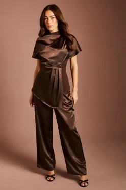 Coast Haut Col Montant En Satin Avec Ceinture Et Manche Drapée<Femme Looks Chocolat|Satin Et Dentelle