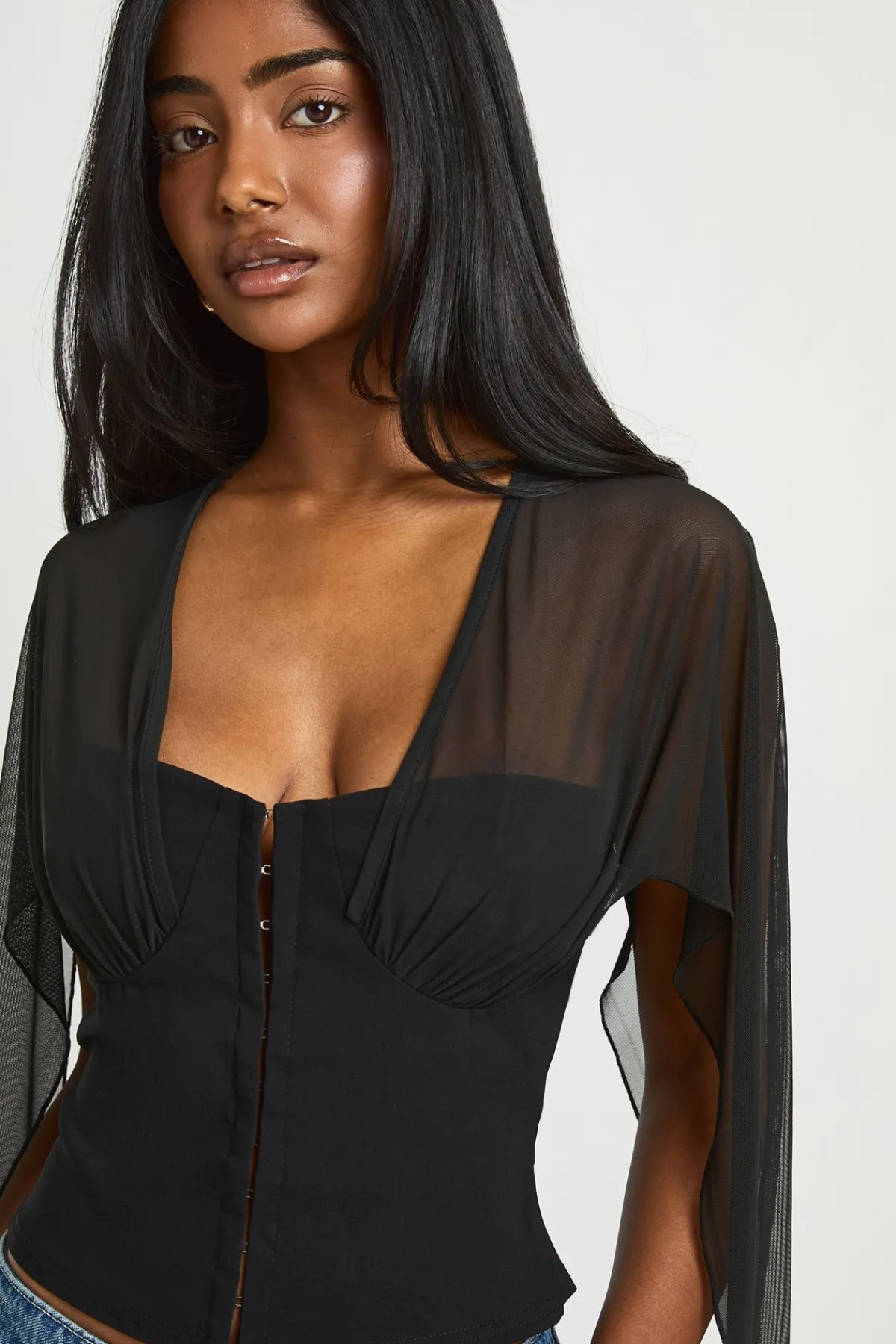 boohoo Haut Corset À Agrafes Avec Manches D'ange En Mesh<Femme Tops