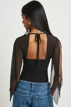 boohoo Haut Corset À Agrafes Avec Manches D'ange En Mesh<Femme Tops