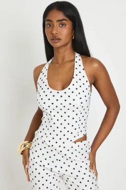 boohoo Haut Corset À Pois En Bengaline Avec Col Licou<Femme Pois|Tons Neutres