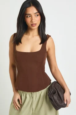 boohoo Haut Corset Structuré en Crêpe Petite Taille<Femme Looks Chocolat|Tops