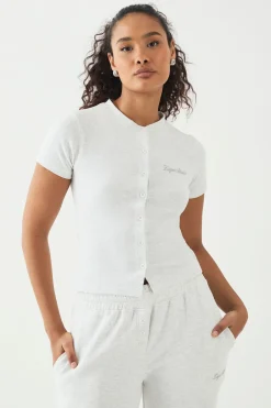 DSGN Studio Haut Court à Manches Courtes Côtelé avec Boutonnage et Broderie Script<Femme Tops D’Automne|Dsgn Studio