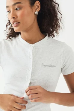 DSGN Studio Haut Court à Manches Courtes Côtelé avec Boutonnage et Broderie Script<Femme Tops D’Automne|Dsgn Studio