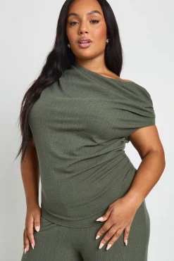 boohoo Haut côtelé asymétrique Plus et pantalon à jambes larges<Femme Ensembles