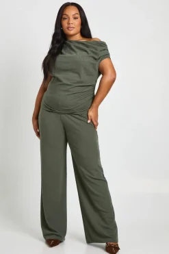 boohoo Haut côtelé asymétrique Plus et pantalon à jambes larges<Femme Ensembles