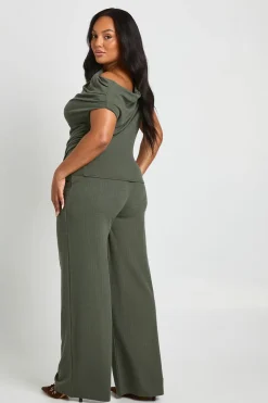boohoo Haut côtelé asymétrique Plus et pantalon à jambes larges<Femme Ensembles