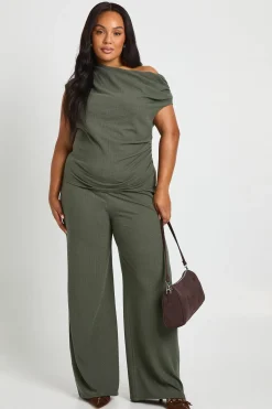boohoo Haut côtelé asymétrique Plus et pantalon à jambes larges<Femme Ensembles