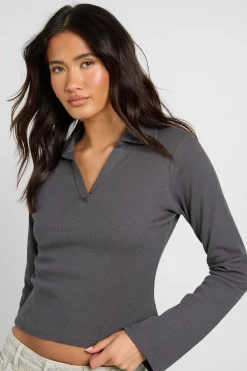 boohoo Haut Côtelé À Col Ouvert Détaillé<Femme Tops