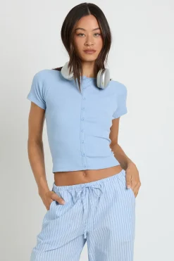 boohoo Haut Côtelé Court À Manches Courtes Avec Boutonnage Sur Le Devant<Femme Tops