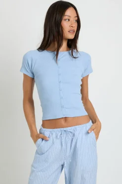 boohoo Haut Côtelé Court À Manches Courtes Avec Boutonnage Sur Le Devant<Femme Tops