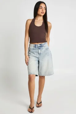 boohoo Haut Côtelé À Encolure Américaine<Femme Looks Chocolat|Tops