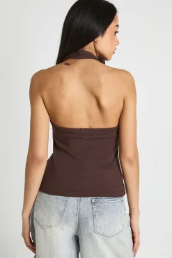 boohoo Haut Côtelé À Encolure Américaine<Femme Looks Chocolat|Tops