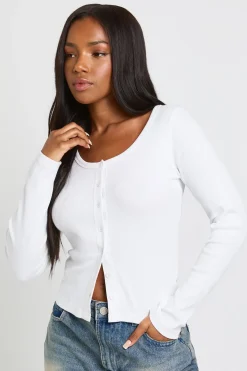 boohoo Haut Côtelé À Encolure Arrondie Et Manches Longues Avec Boutonnage<Femme Tops