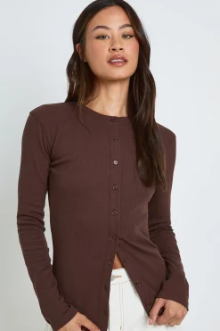 boohoo Haut Côtelé À Manches Longues Avec Boutonnage Intégral Tall<Femme Tops