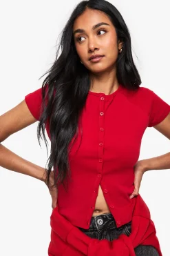 boohoo Haut à côtes avec boutons traversants et manches cap<Femme Looks De Rentrée|Tops
