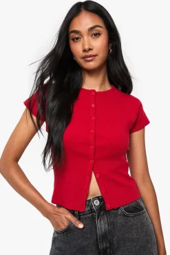 boohoo Haut à côtes avec boutons traversants et manches cap<Femme Looks De Rentrée|Tops