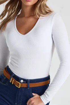 Haut à côtes à manches longues, encolure en V, avec soutien-gorge intégré