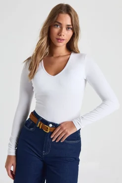 Haut à côtes à manches longues, encolure en V, avec soutien-gorge intégré