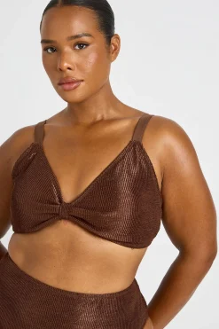 Haut De Bikini Grande Taille Métallisé Froissé À Nœud Et Bas Taille Haute