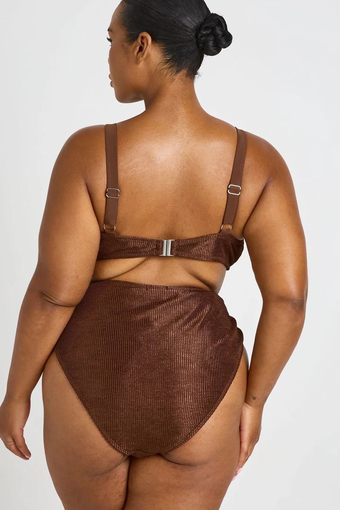 Haut De Bikini Grande Taille Métallisé Froissé À Nœud Et Bas Taille Haute