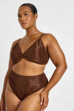 Haut De Bikini Grande Taille Métallisé Froissé À Nœud Et Bas Taille Haute