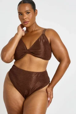 Haut De Bikini Grande Taille Métallisé Froissé À Nœud Et Bas Taille Haute