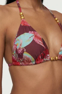 Haut de Bikini Réversible à Motif Floral Photographique avec Détails de Perles