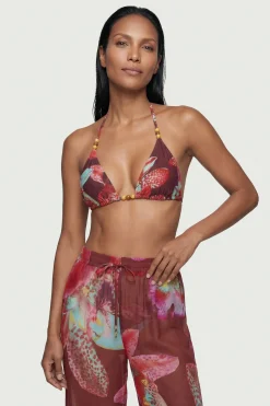 Haut de Bikini Réversible à Motif Floral Photographique avec Détails de Perles