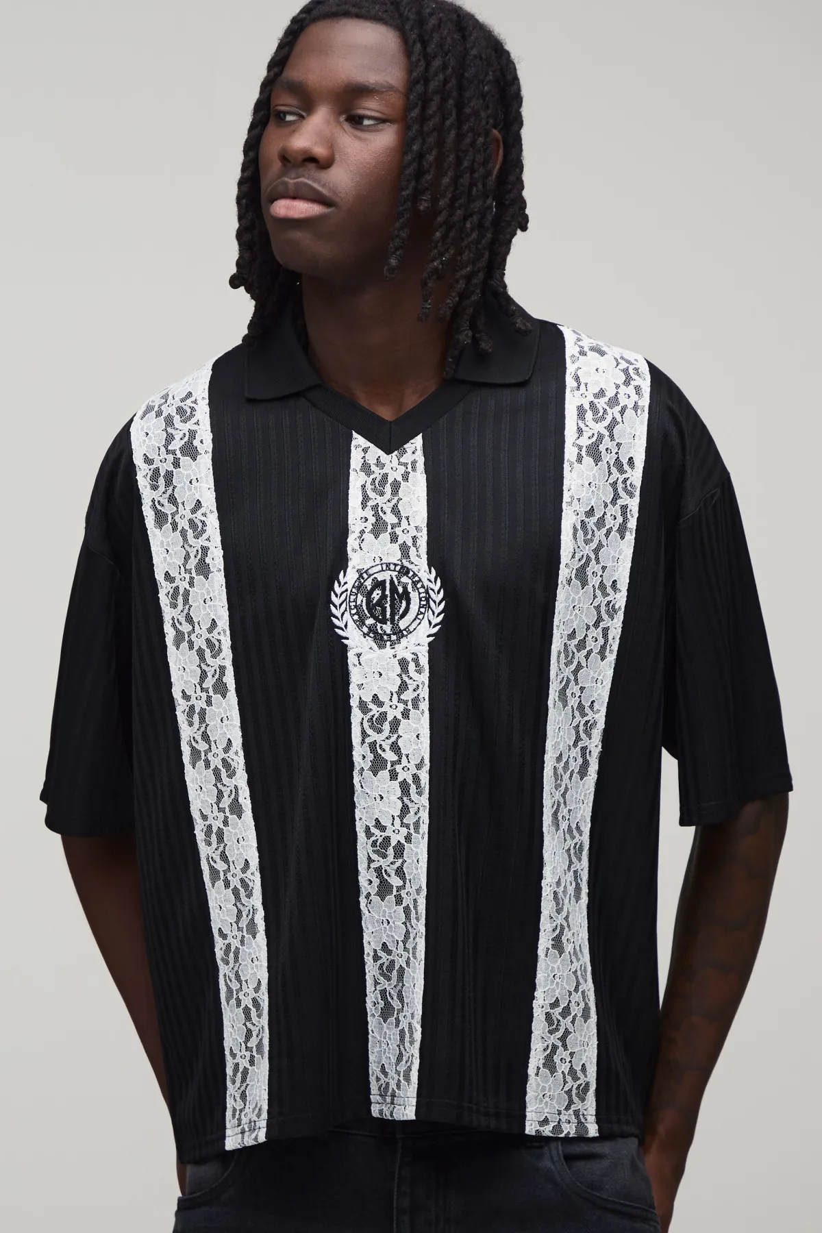 boohooMAN Haut De Football Oversize Boxy À Rayures Avec Panneau En Dentelle<Homme Tout Afficher|T-Shirts