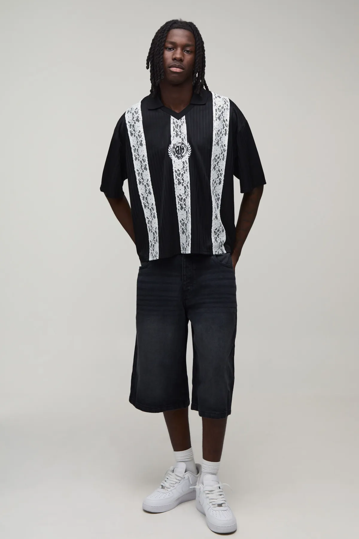 boohooMAN Haut De Football Oversize Boxy À Rayures Avec Panneau En Dentelle<Homme Tout Afficher|T-Shirts