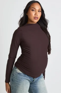 boohoo Haut De Maternité À Manches Longues Avec Encolure Montante Et Fronces Latérales<Femme Looks Chocolat|Tops