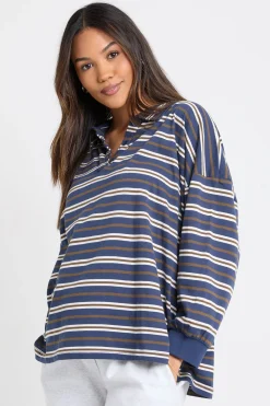 boohoo Haut De Rugby De Maternité À Col En Coton Épais Rayé Avec Détails Boutonnés<Femme Tops
