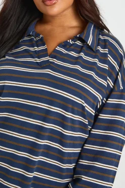boohoo Haut De Rugby Grande Taille À Col Rayé En Coton Épais Avec Détail Boutonné<Femme Tops
