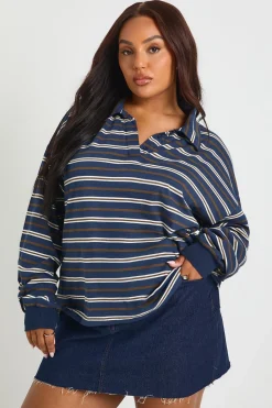 boohoo Haut De Rugby Grande Taille À Col Rayé En Coton Épais Avec Détail Boutonné<Femme Tops